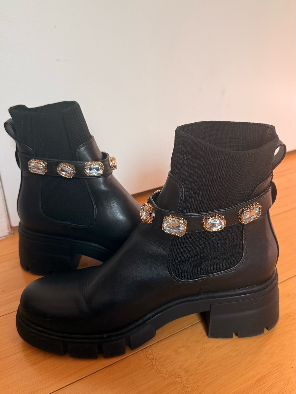 Black Chelsea Booties with Crystal Strap